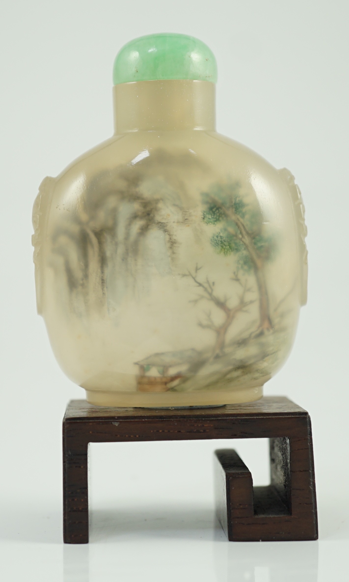 A Chinese inside painted agate ‘landscape’ snuff bottle, signed Liu Shouben, c.1965-70, 5.8cm high, jadeite stopper